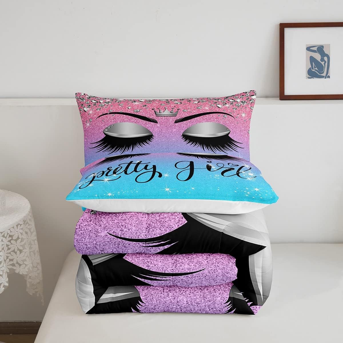 Juego de edredón de pestañas de unicornio para niños y niñas, juego de ropa de cama de lentejuelas de pestañas bonitas azul y rosa, juegos de