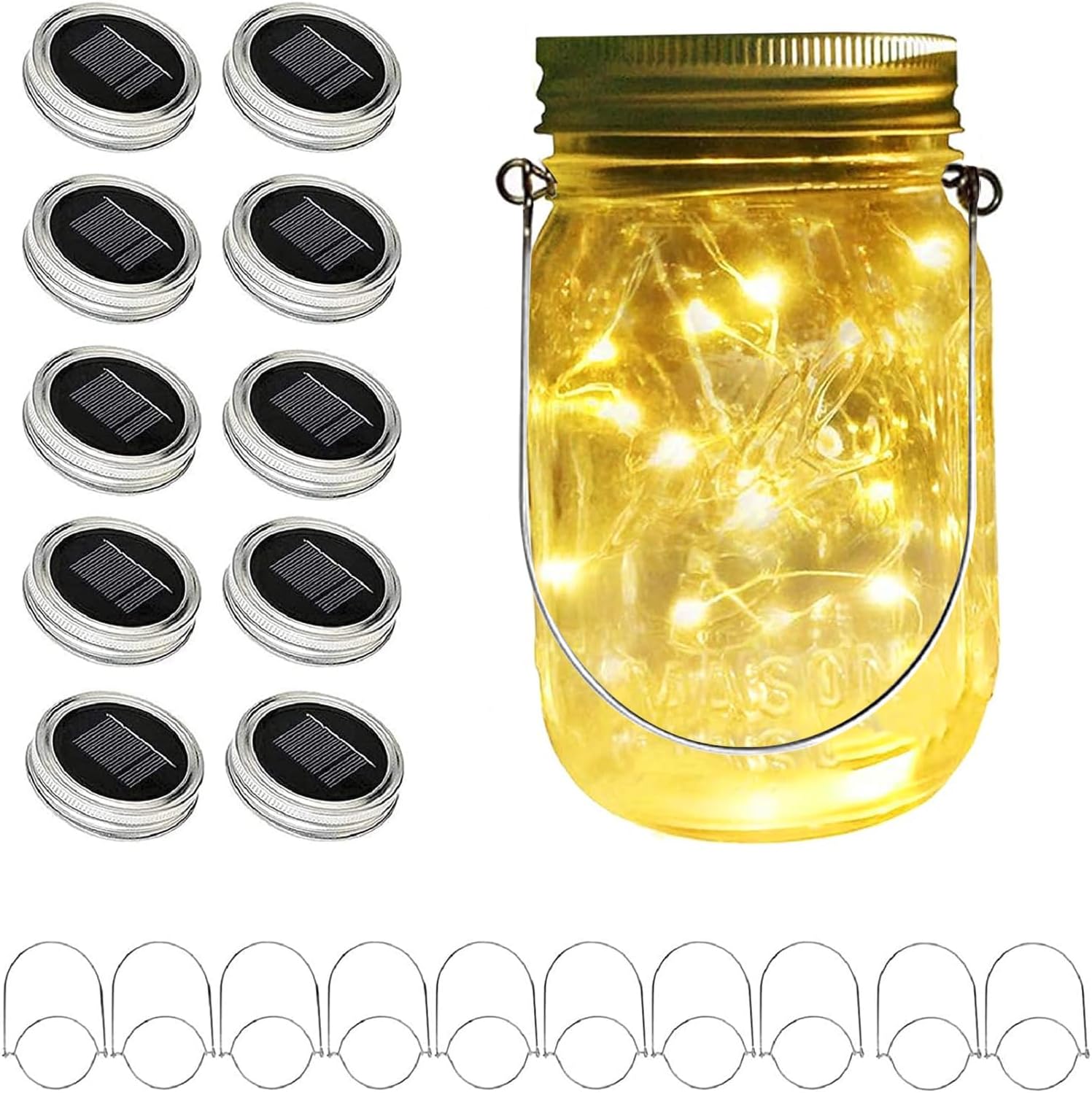 ANGMLN Luces solares mejoradas para tapa de tarro de masón, paquete de 10 unidades de 30 luces LED de hadas con diseño de luciérnaga, incluye (10