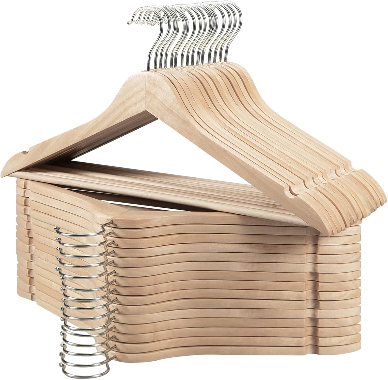Edergoo Perchas de madera, paquete de 30 perchas de madera con gancho giratorio de 360 grados y barra antideslizante para pantalones, acabado liso