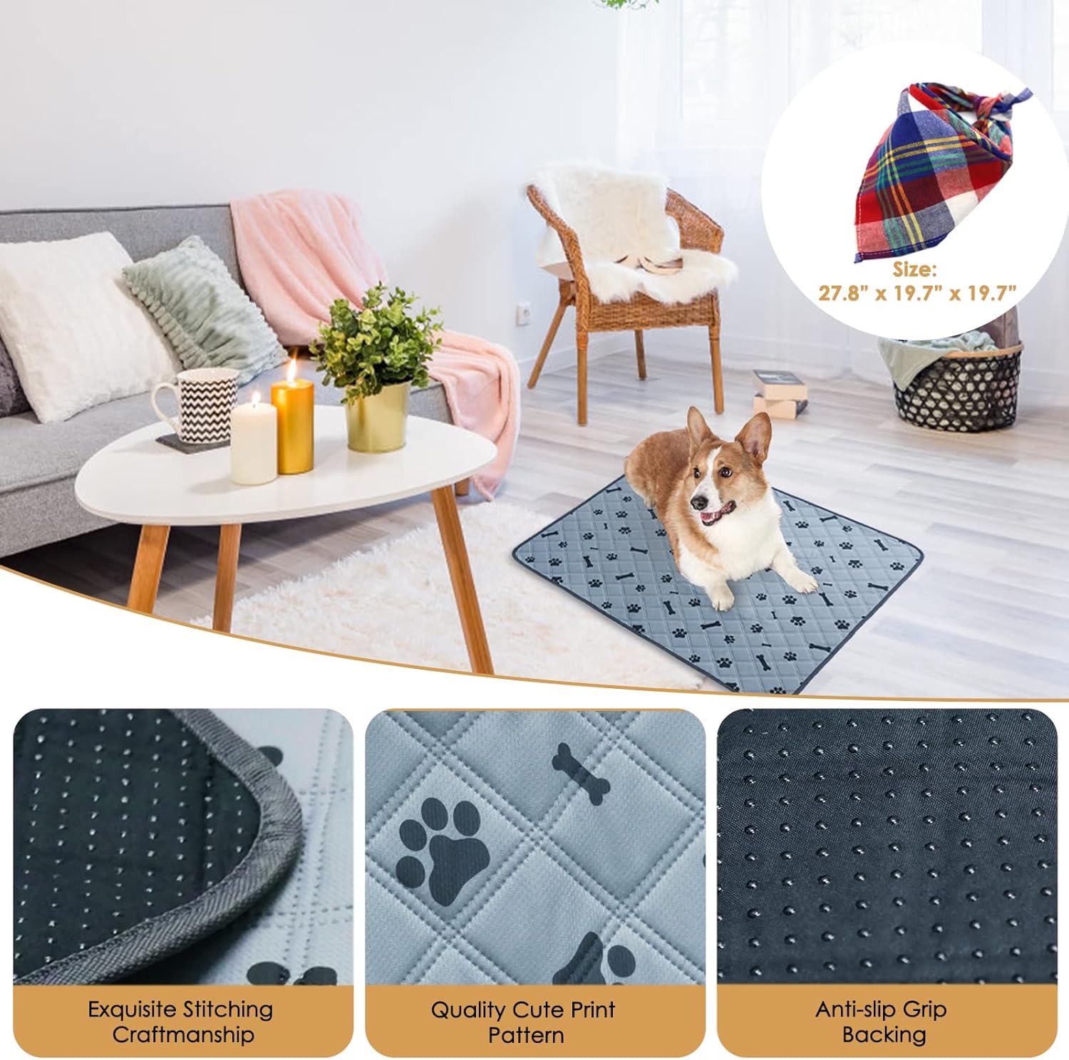 Almohadillas lavables para orina de perro de 36 x 41 pulgadas con una bandana para perro, paquete de 2 almohadillas reutilizables para entrenamiento