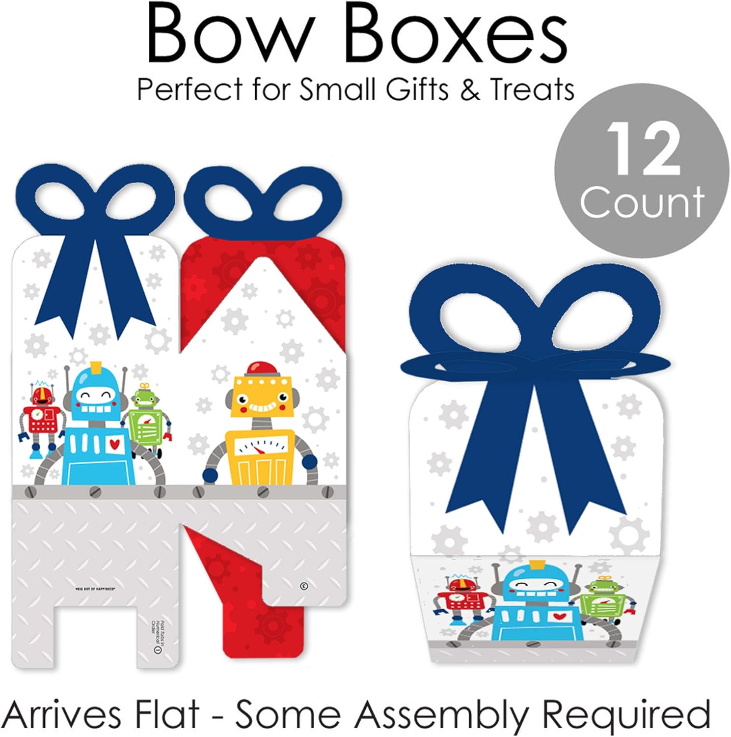 Big Dot of Happiness Gear Up Robots – Cajas de regalo cuadradas para fiestas de cumpleaños o baby shower, juego de 12