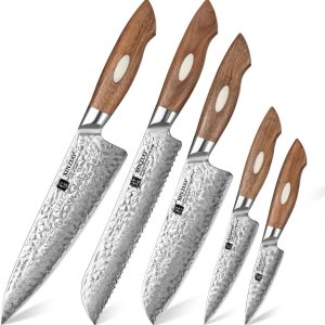 XINZUO Juego de cuchillos de cocina de 5 piezas, forjado a mano japonés AUS-10 de acero de Damasco profesional con caja de regalo, afilado de XINZUO Juego de cuchillos de cocina de 5 piezas, forjado a mano japonés AUS-10 de acero de Damasco profesional con caja de regalo, afilado de