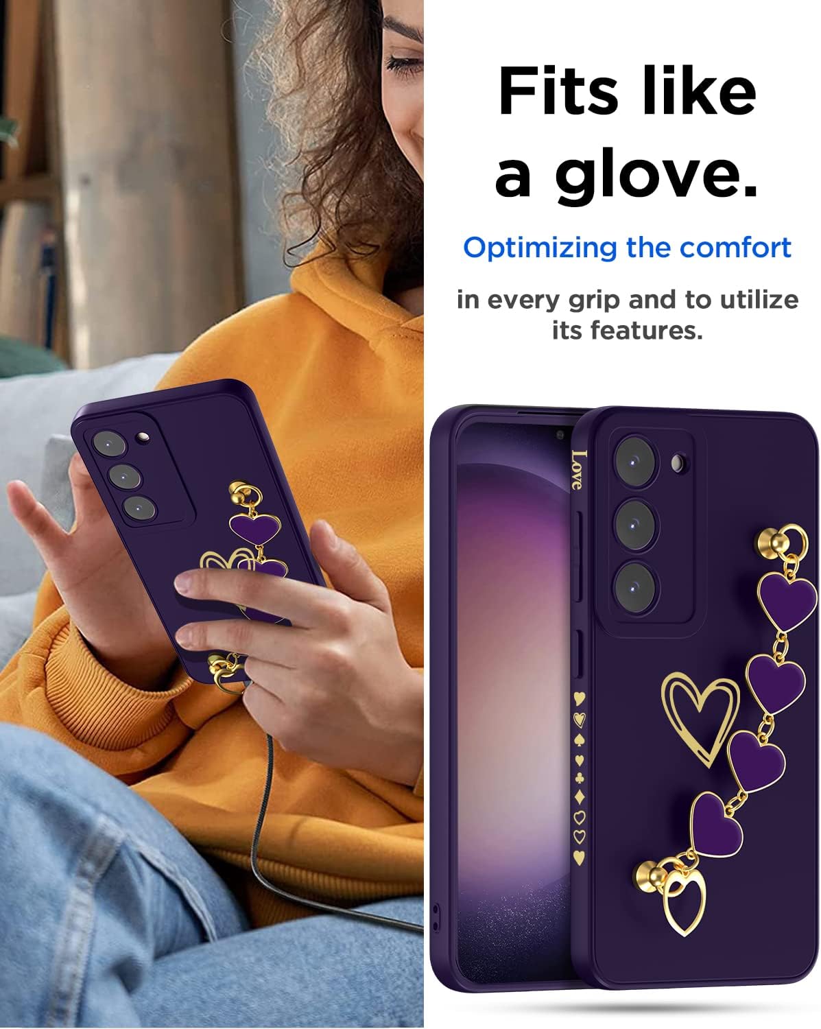 AICase Funda para Galaxy S23 Heart para mujer, protección de lente de cámara, bucle para tira de mano, bonita funda suave y delgada a prueba de