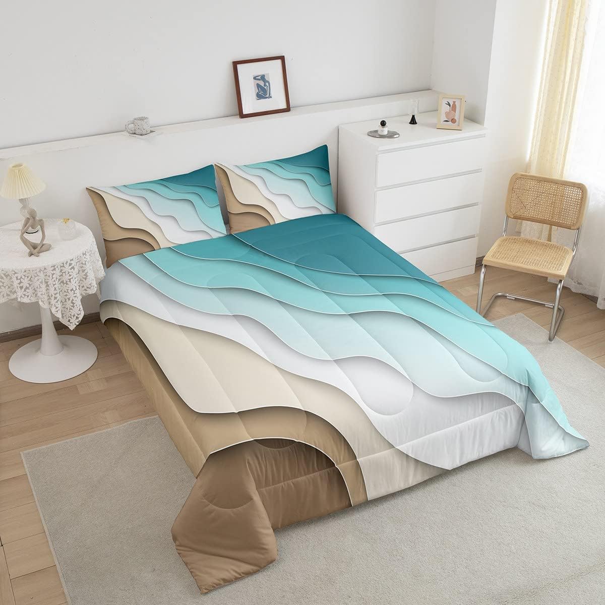 Juego de edredón abstracto degradado con olas del océano, decoración de mar azul y playa, juego de edredón tropical contemporáneo de verano para