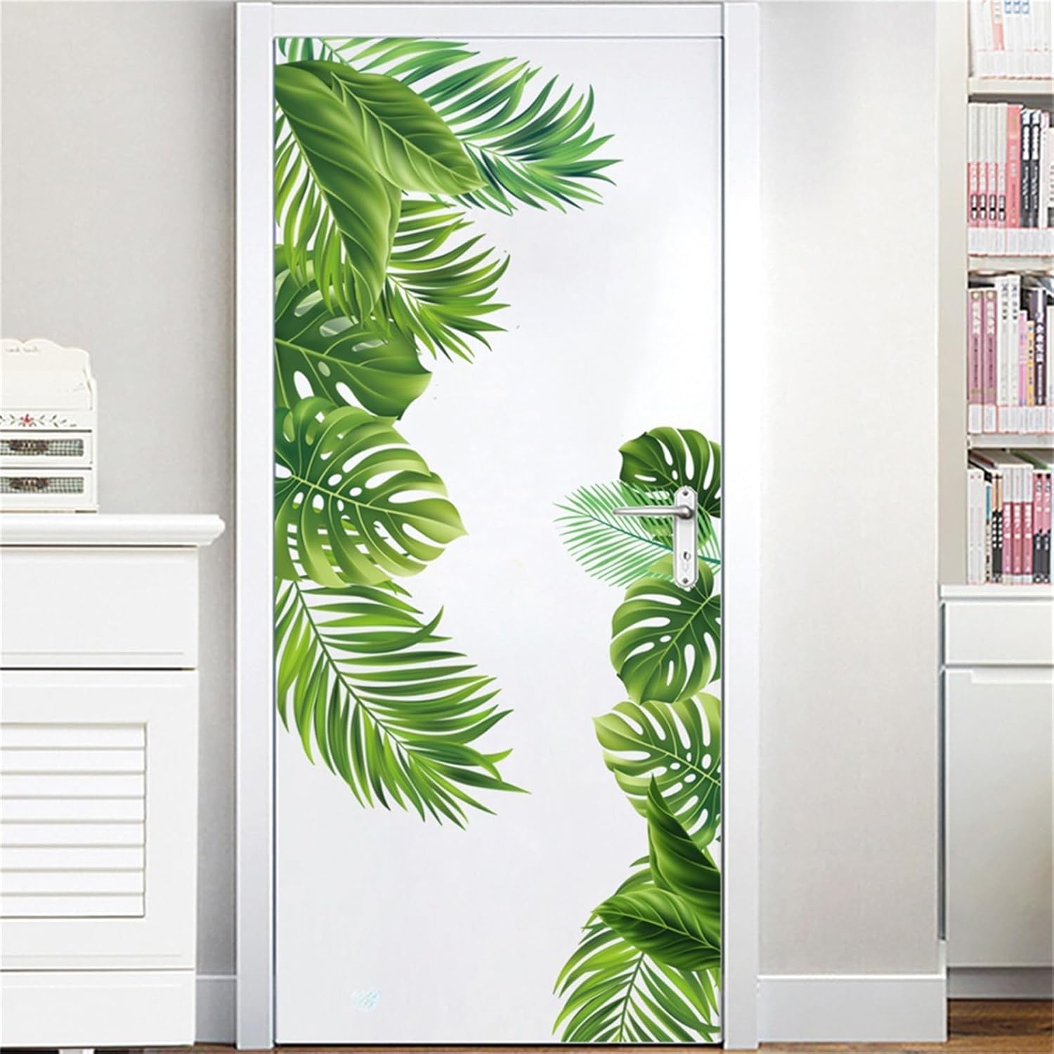 Adhesivo de pared de hojas verdes, flor, pájaro, selva, planta verde, despegar y pegar la tortuga tropical de la selva tropical, hoja trasera,