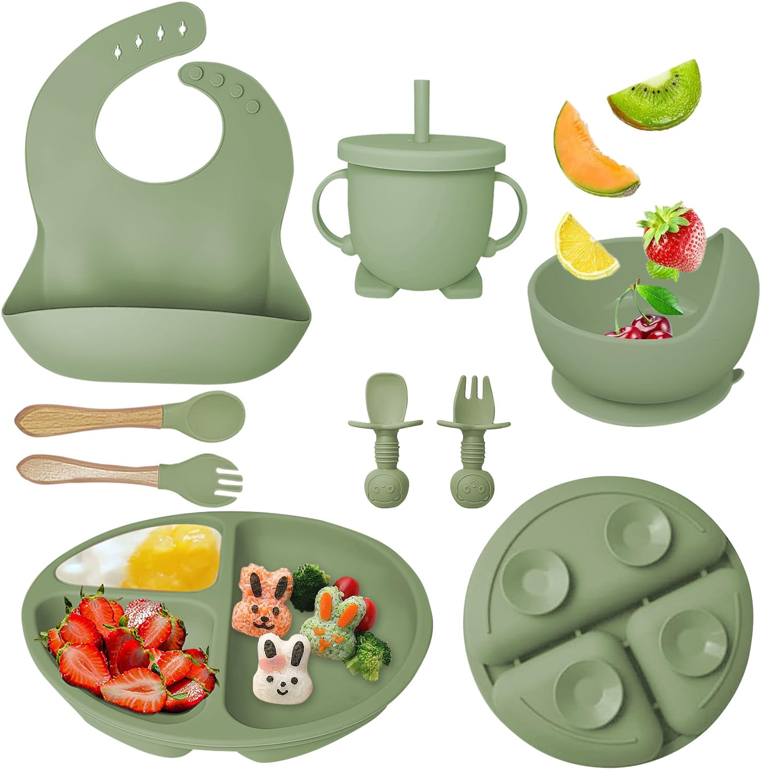 Mrkyy Juego de alimentación de bebé de silicona, suministros de destete con ventosa dividida, juego de platos de autoalimentación para niños