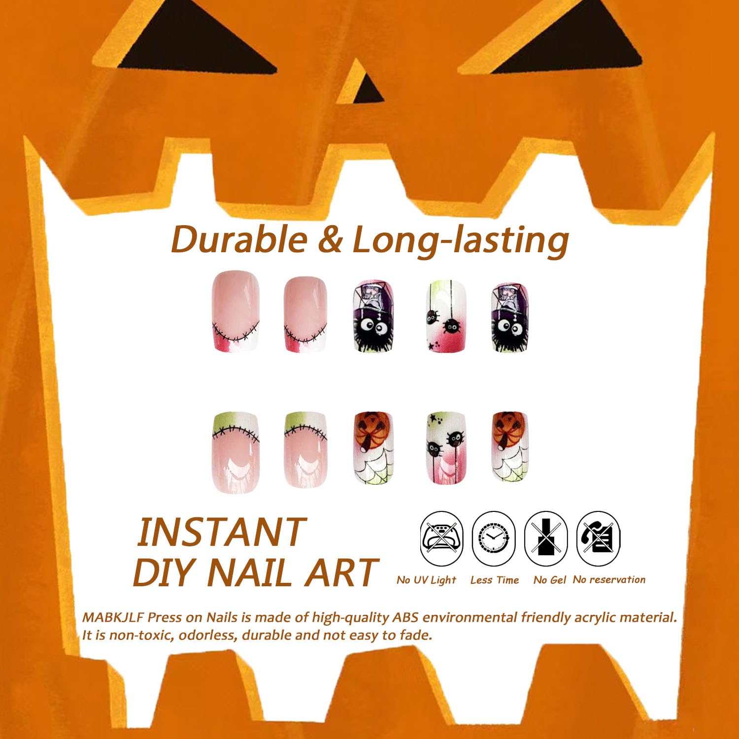 Uñas postizas a presión de Halloween, cuadradas, medianas, con punta francesa, degradado, cobertura completa, tela de araña, calabaza, con diseños