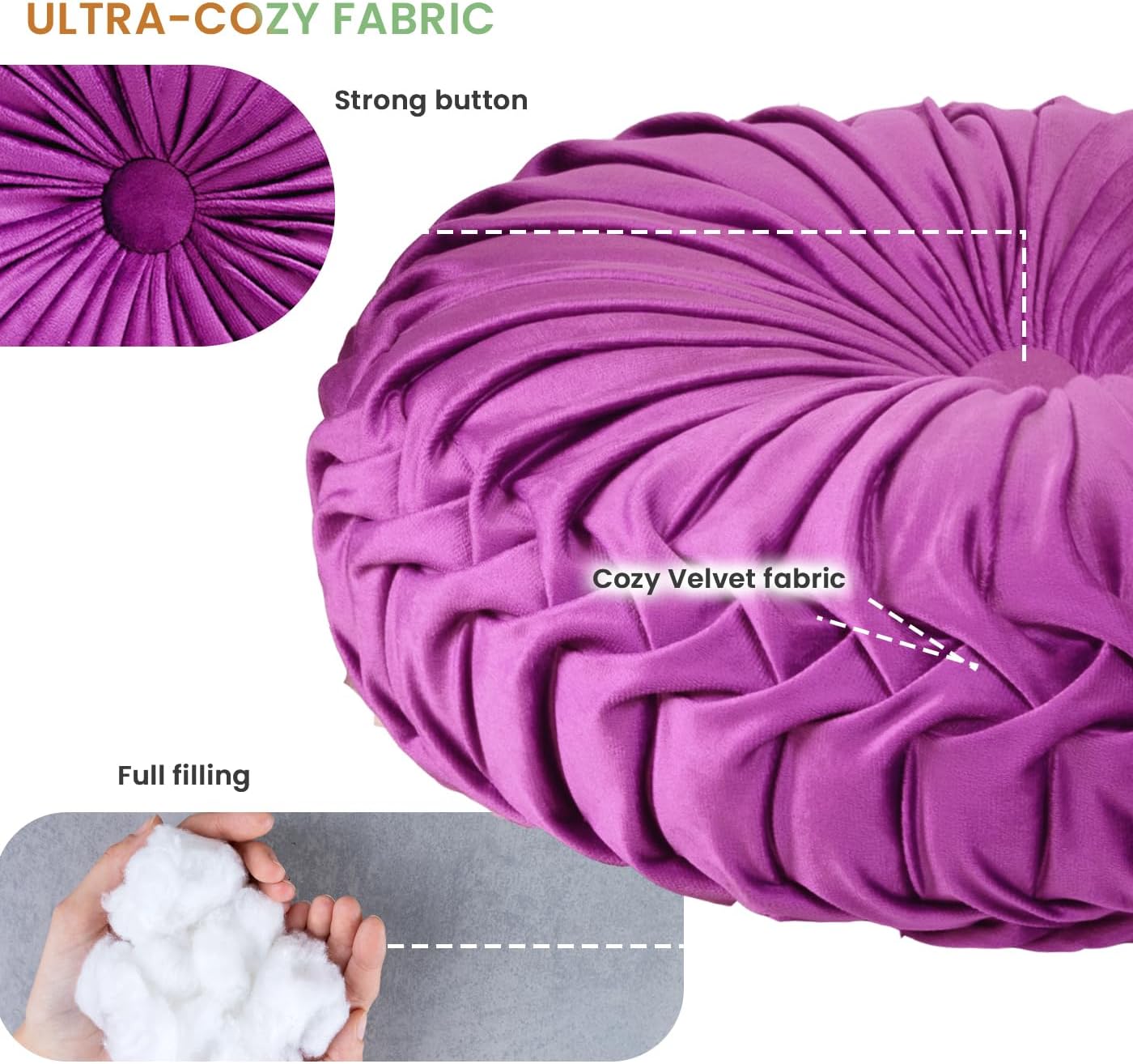 Sioloc Almohada redonda de terciopelo para decoración del hogar, cojín plisado para sofá, silla, cama y automóvil (morado, 15.7 pulgadas)