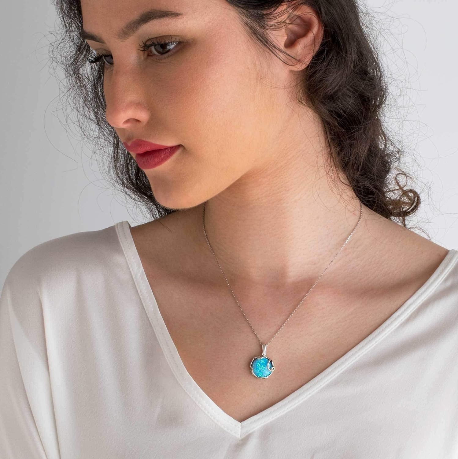 925 Sterling Silver Blue Opal Large Pendant Libra Natural October Birthstone Round Pendant Antique Jewelry For Women  Handmade Vintage Style Fire