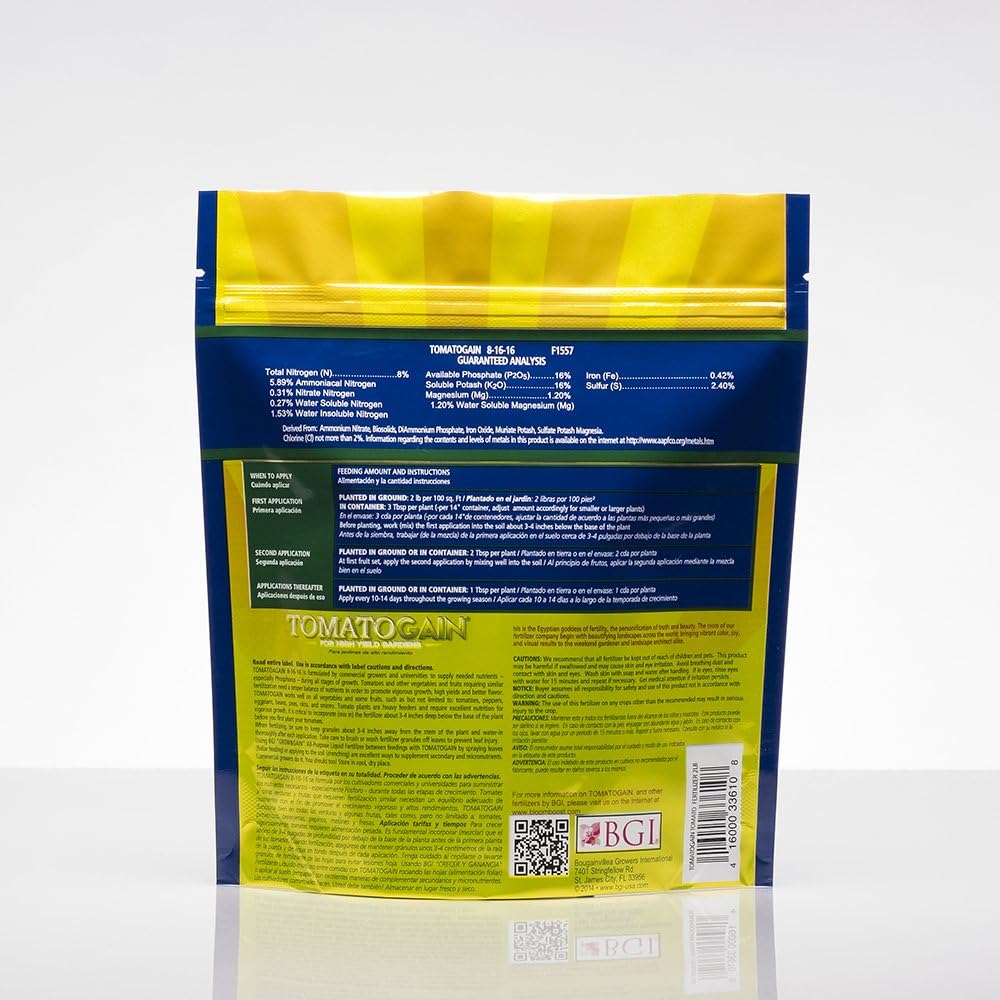 BGI Fertilizers Tomatogain Bag, fertilizante para tomate y vegetales, alimento vegetal para tomates y verduras, 2 lb