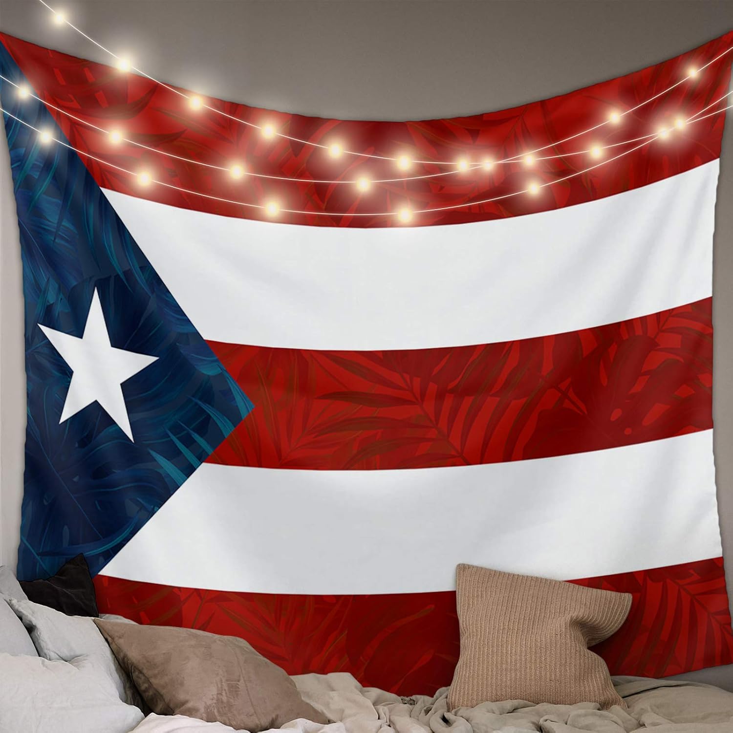 Tapiz para colgar en la pared, tapices estéticos de bandera de Puerto Rico, estrella de hojas de palmera, rayas rojas y azules, tapiz patriótico