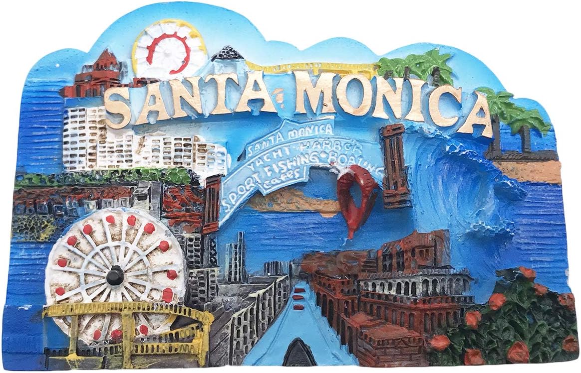 Santa Monica 3D Los Angeles USA – Imán para nevera y recuerdos de viaje turísticos hechos a mano, resina artesanal, calcomanías magnéticas para