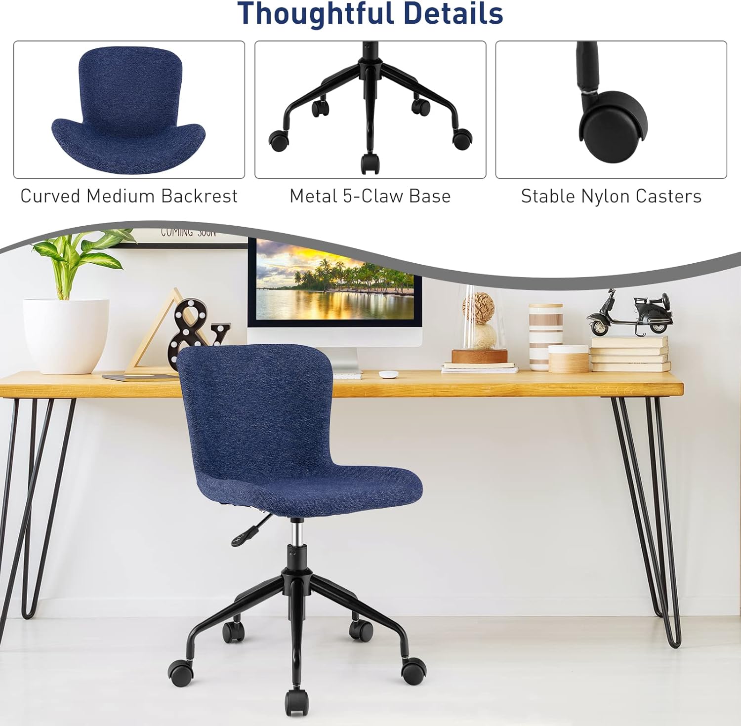Giantex Silla de oficina en casa con ruedas, silla giratoria de computadora con respaldo medio, silla de ocio de lino ajustable para sala de estar,