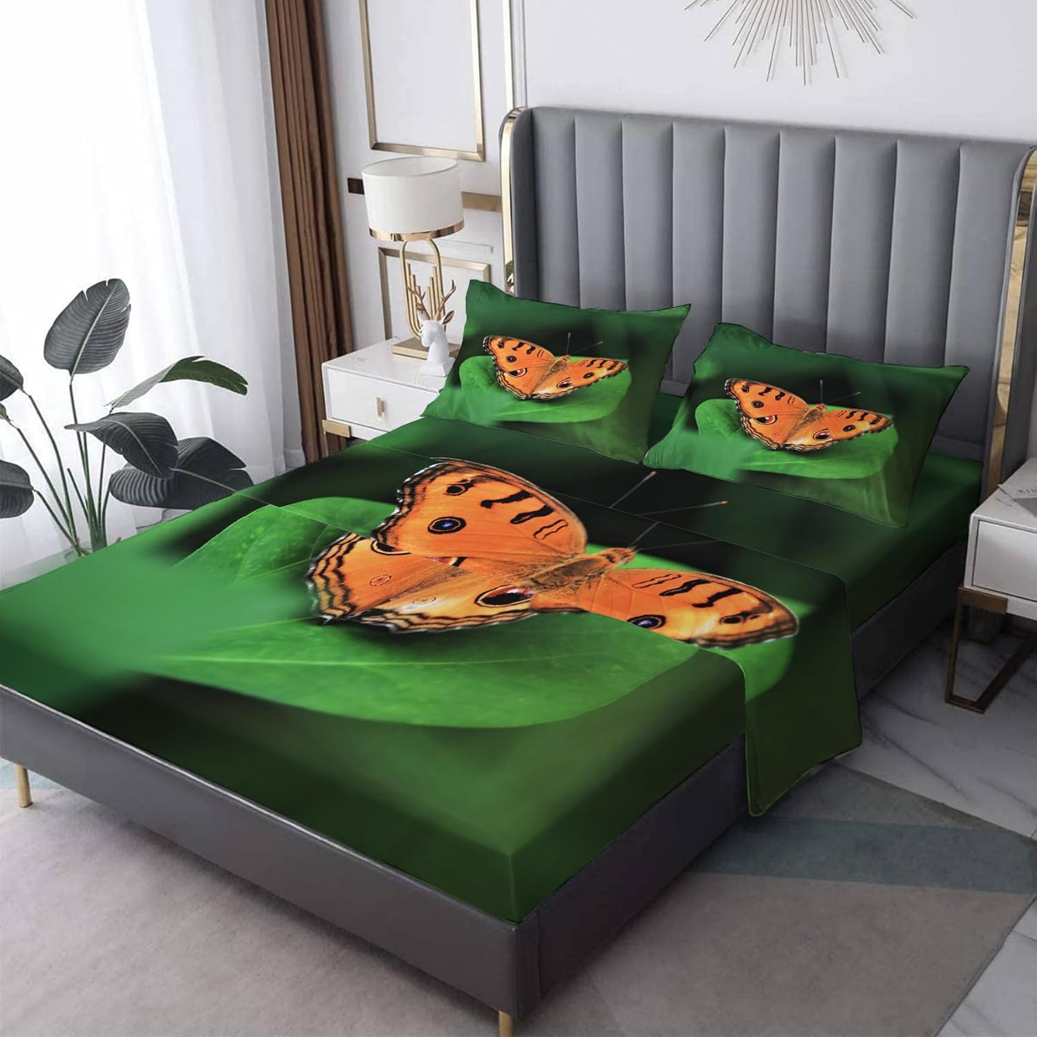 Sábanas de mariposa tamaño Queen, sábanas de hojas verdes de mariposas, sábanas y fundas de almohada de 4 piezas, sábana bajera ajustable de