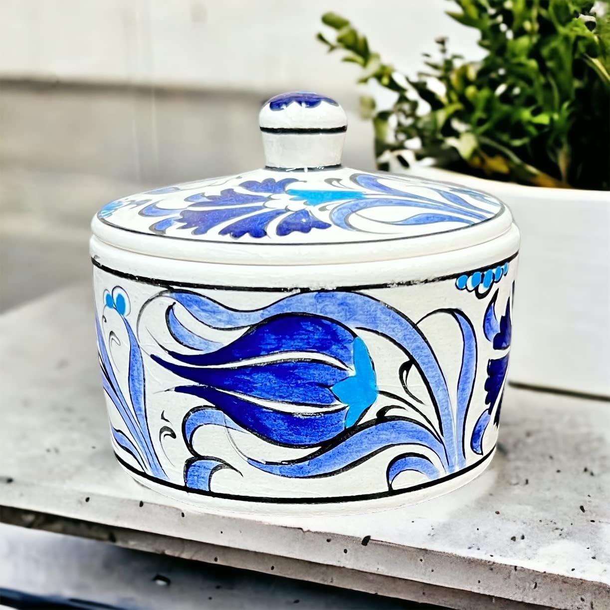 Azucarero turco con tapa, tulipán azul, tarro de azúcar, recipiente de cerámica para azúcar, pintado a mano, 5 onzas, tarro decorativo