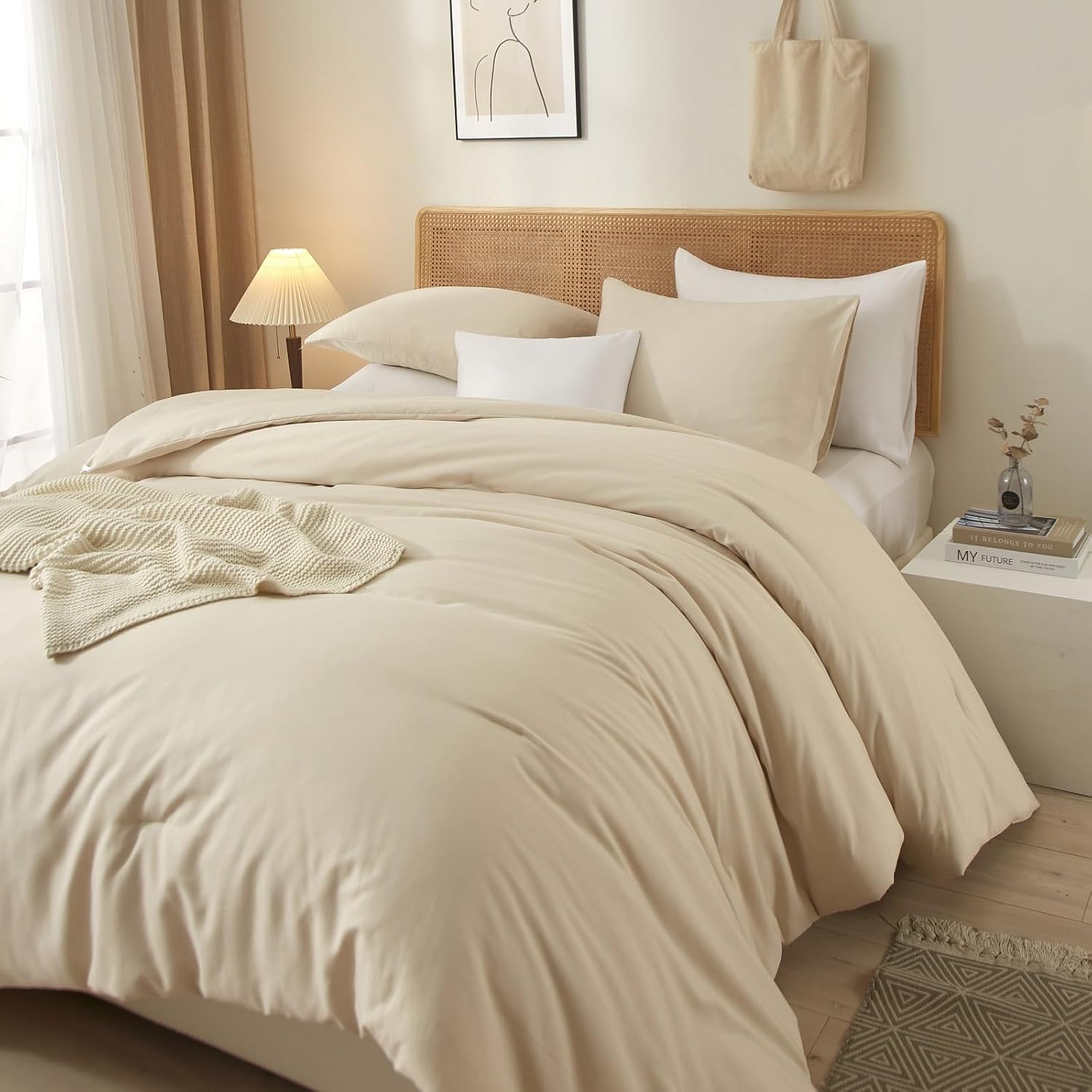 AMWAN Juego de edredón beige Queen Boho Beige Juego de ropa de cama de 3 piezas tamaño Queen, 1 edredón beige tostado con 2 fundas de almohada,