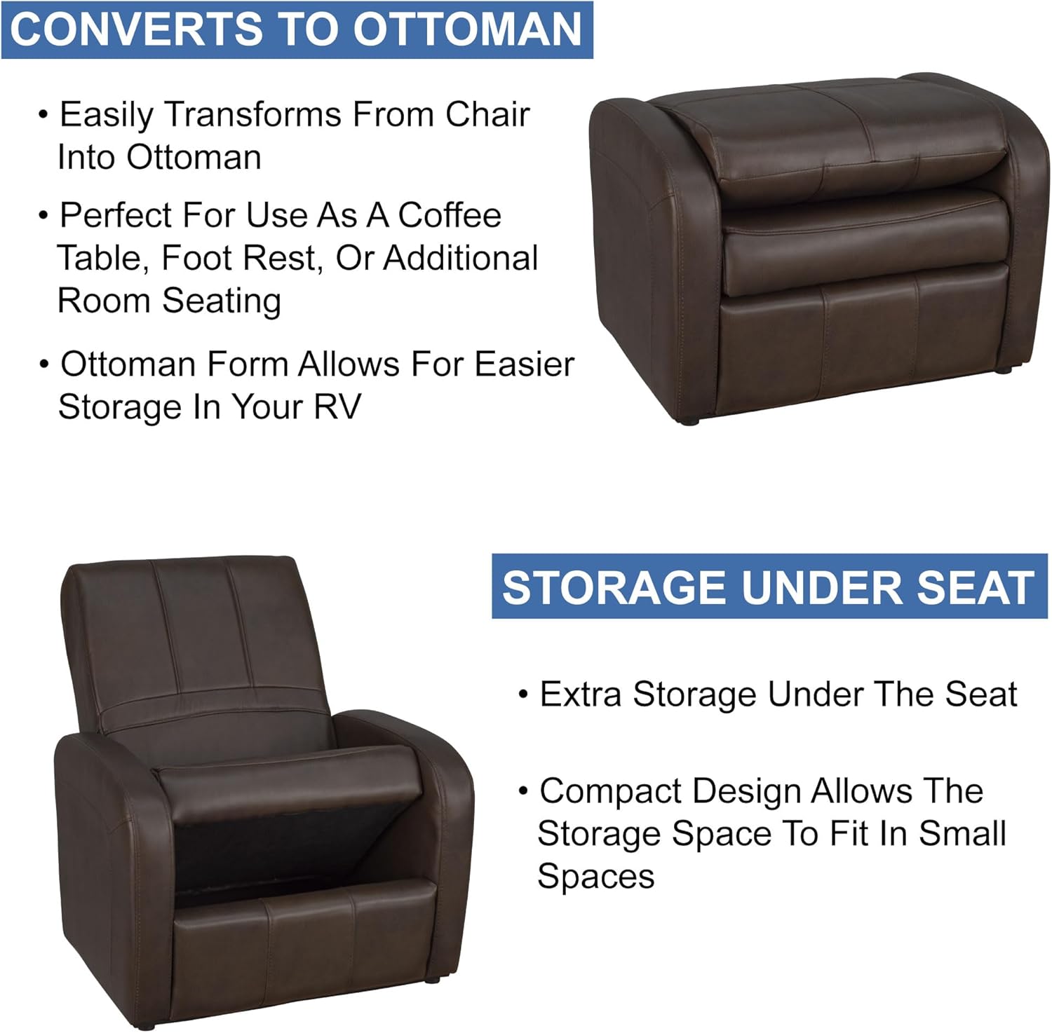 RecPro Charles RV – Silla otomana para juegos  Almacenamiento integrado  Muebles RV  Ideal para adolescentes  Castaño