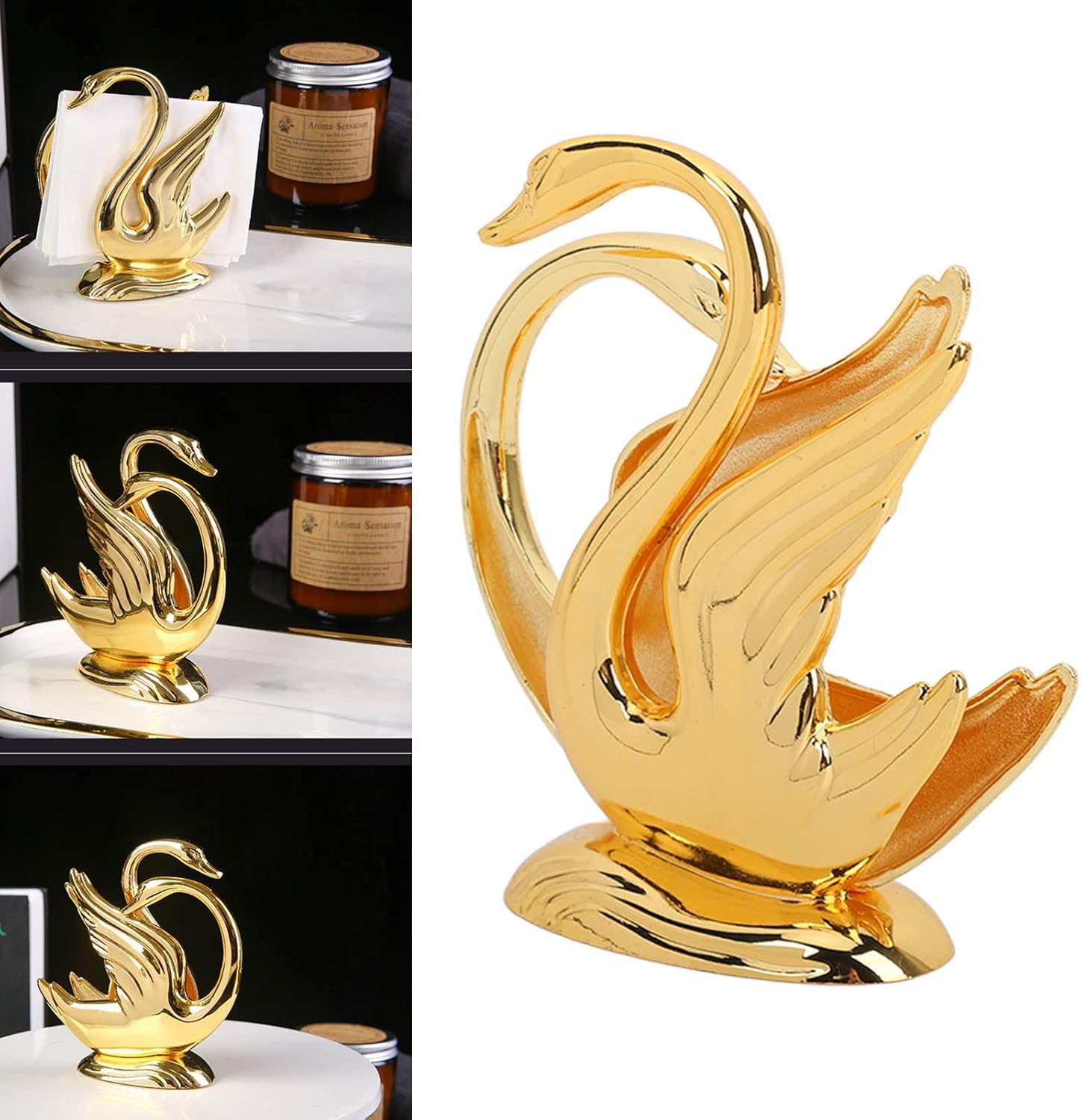 Servilleteros dorados, soporte de servilleta de cisne de metal inoxidable, elegante soporte de servilleta de mesa moderno dorado, soporte