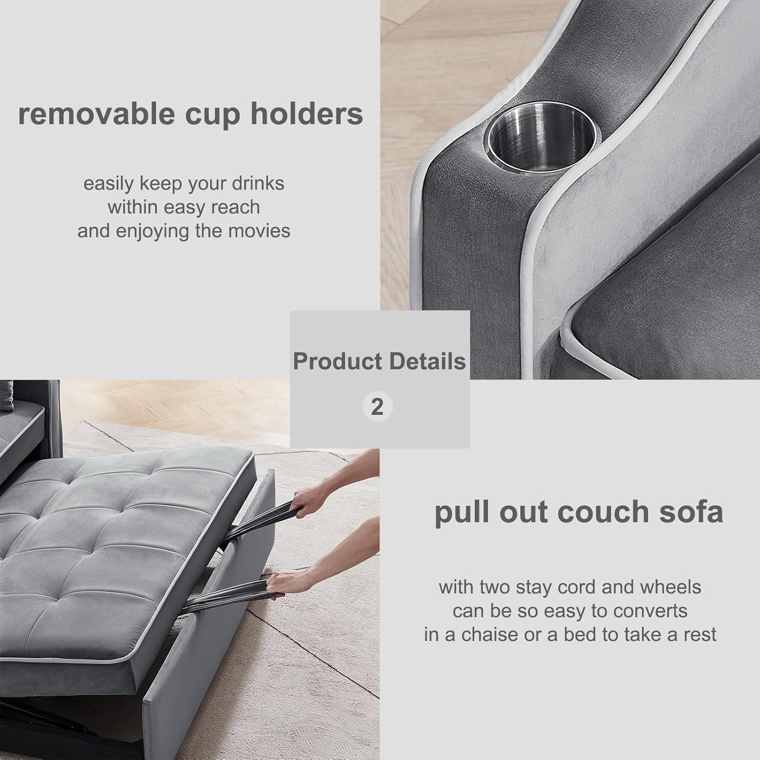 Sofá cama convertible 3 en 1 con puertos USB, cómodo sofá biplaza de terciopelo de 55 pulgadas con portavasos, sofá cama extraíble con