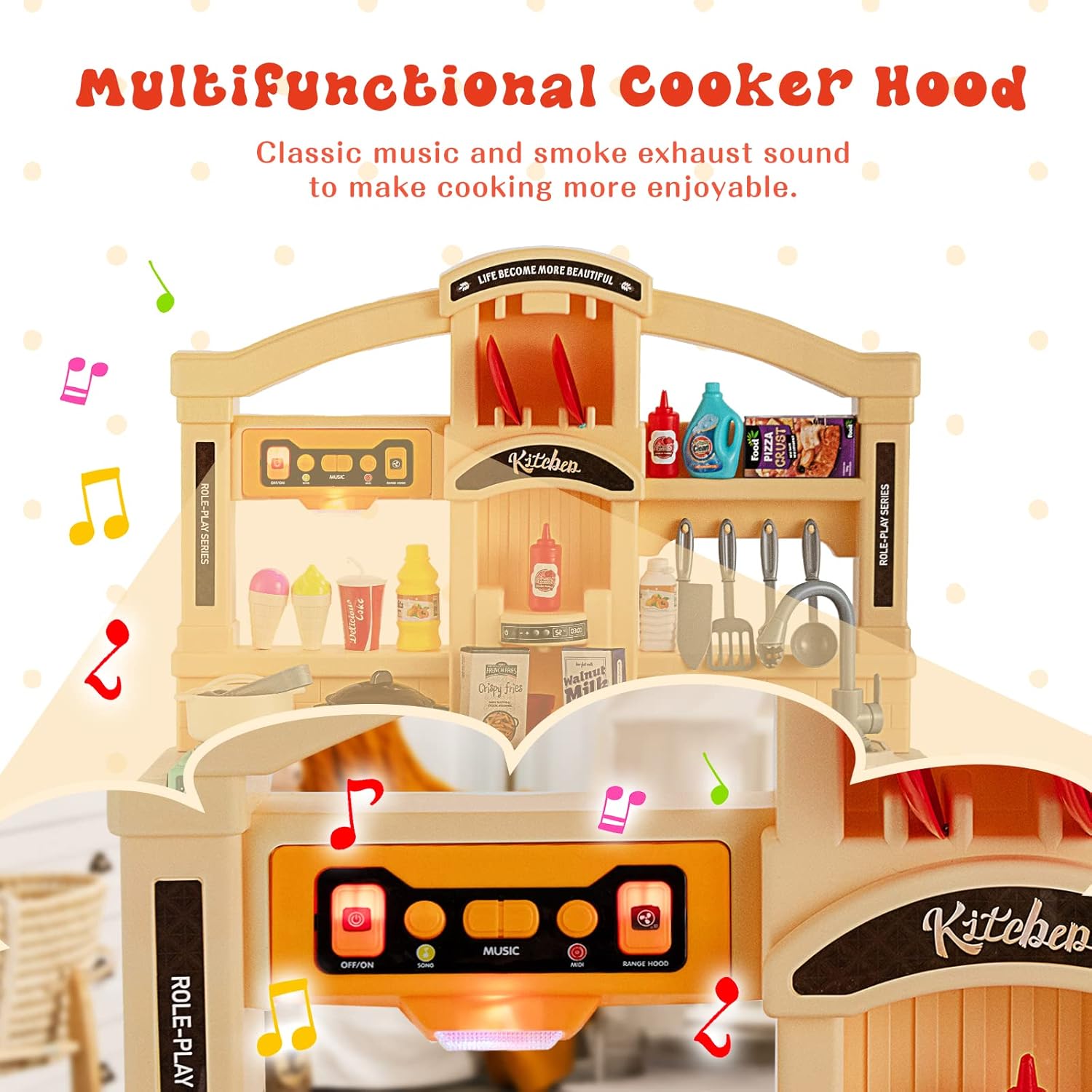 HONEY JOY Juego de cocina para niños, cocina grande de plástico con luces y sonidos realistas, música, función de agua corriente y vapor, 69