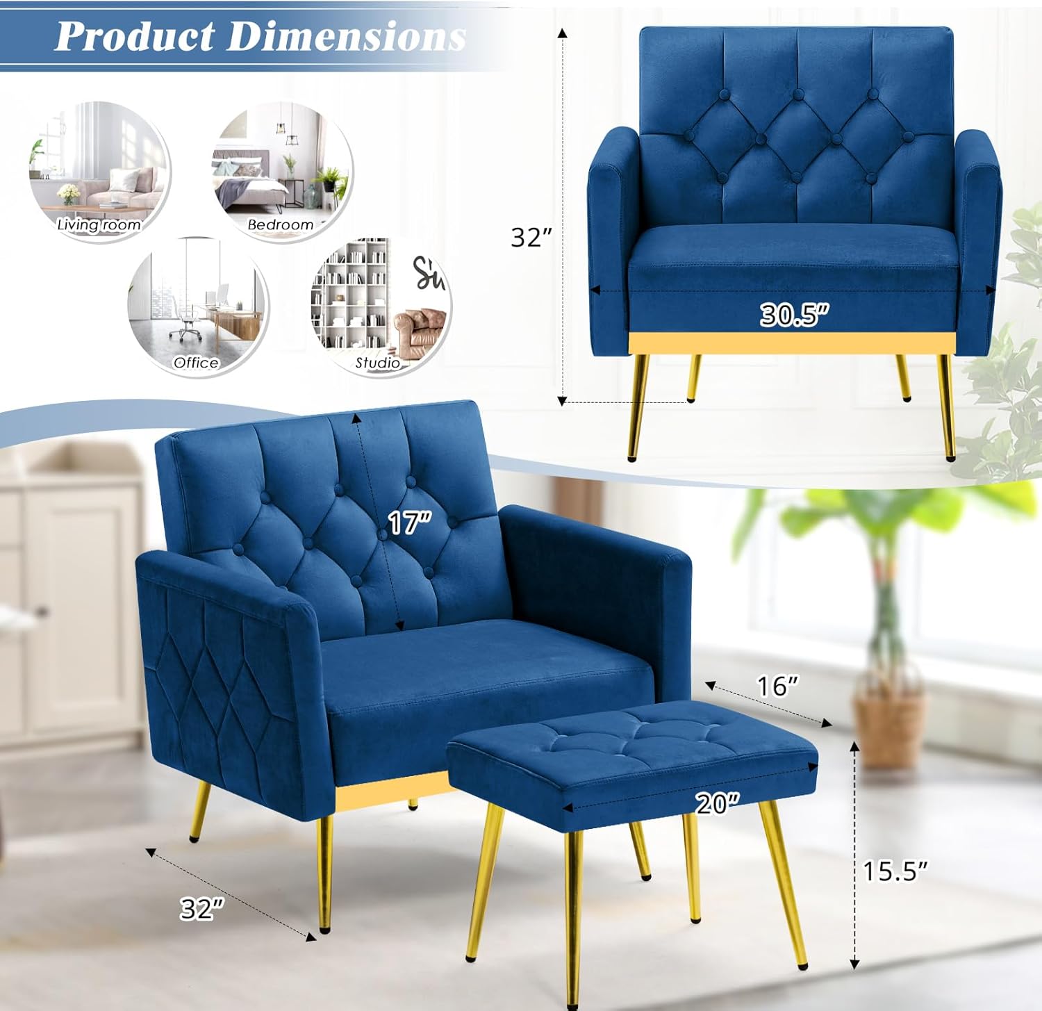 ACMEASE Silla decorativa de terciopelo con reposabrazos y respaldos ajustables, sofá individual copetudo con otomana, Chiar de lectura tapizado para