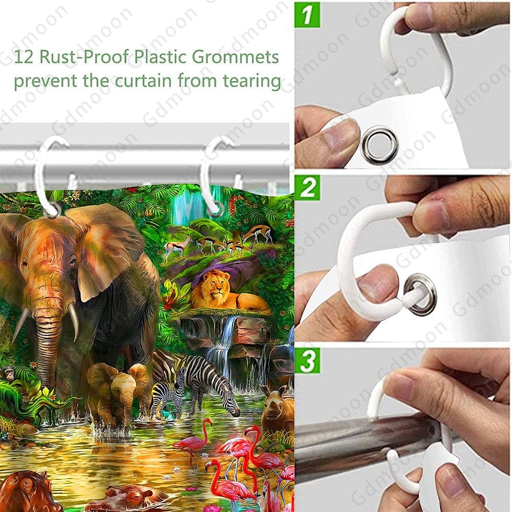 Cortina de ducha de animales de selva tropical, selva, elefante, león, flamenco, jirafa, cebra, mono, rinoceronte, vida silvestre, zoológico, para