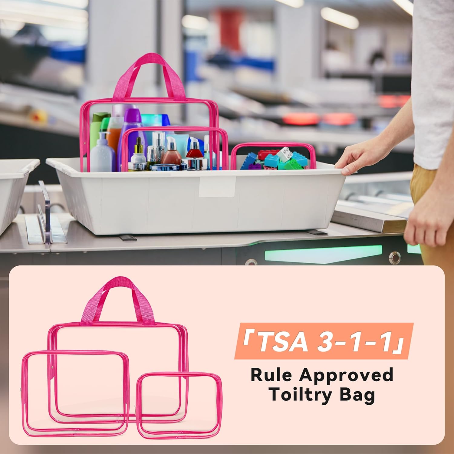 10 piezas de maquillaje de viaje transparente, plástico PVC cosmético aprobado por la TSA kit organizador con cremallera bolso, Rosa Rojo