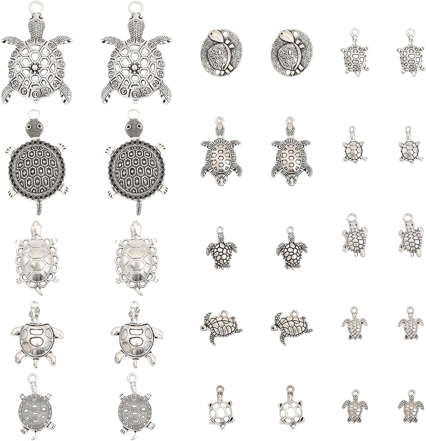 CHGCRAFT 30 dijes de aleación con forma de tortuga de estilo tibetano de 15 estilos para hacer joyas y accesorios de pulsera, plata antigua