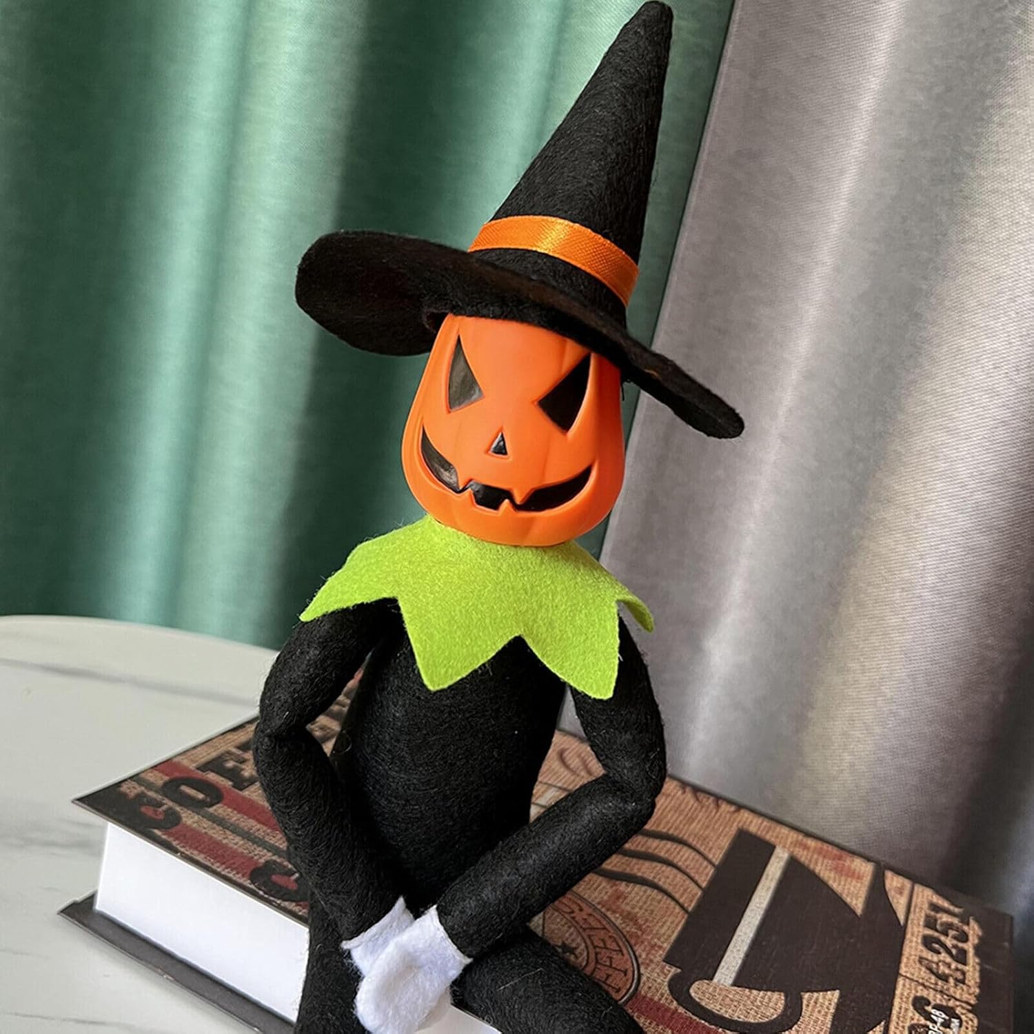 Muñeca de peluche de elfo de calabaza de Halloween de 14 pulgadas, juguete de elfo de calabaza hecho a mano con sombrero negro, guantes blancos,