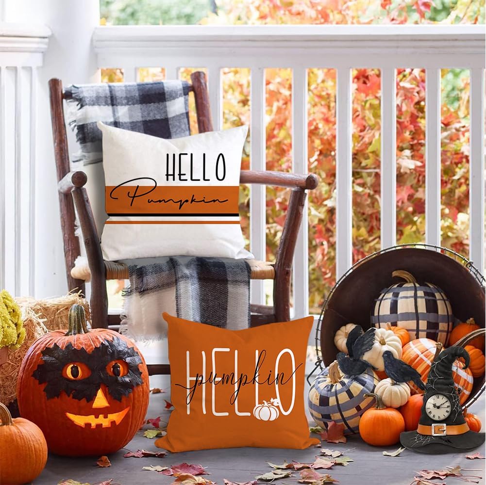 RABUSOFA Juego de 4 fundas de almohada decorativas de otoño de 18 x 18 pulgadas, fundas de almohada de calabaza de Hello Pumpk, almohadas