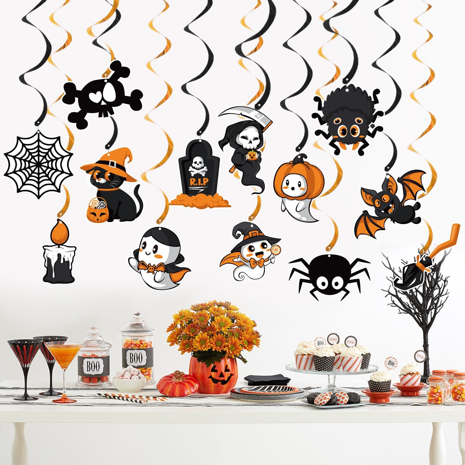 Decoraciones de remolinos colgantes de Halloween, 24 piezas de decoraciones colgantes de Halloween, 36 remolinos en espiral, adornos de techo para