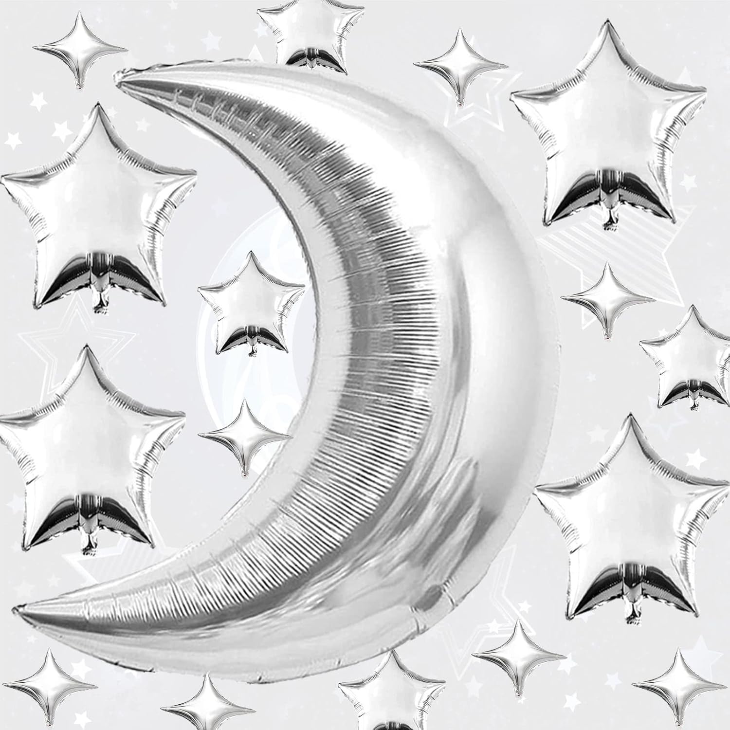 50 globos plateados de luna y estrella, globos de aluminio de luna de 36 pulgadas, globos de papel de aluminio de estrella de 18 y 10 pulgadas,