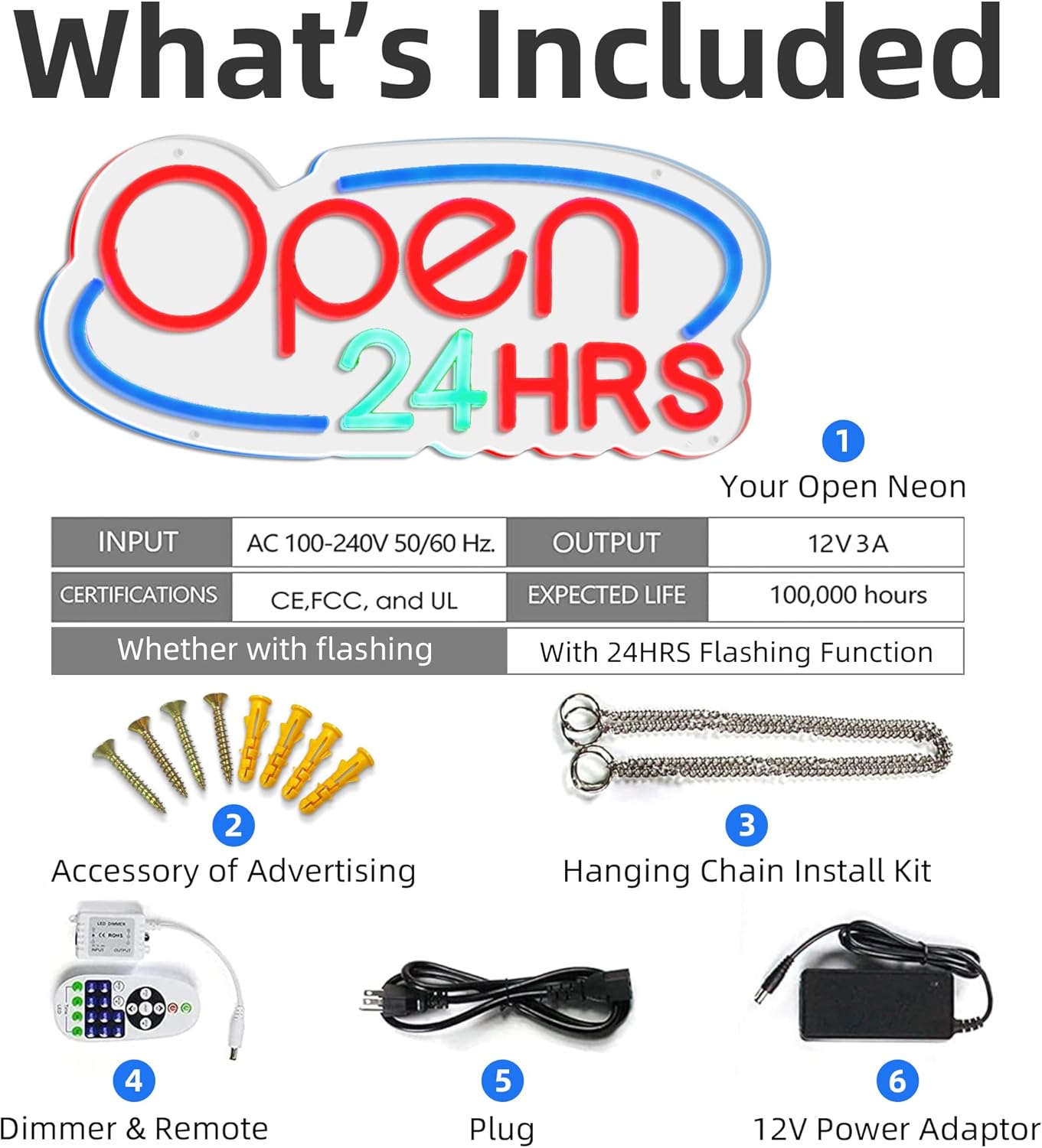 Open Neon Signs, CRUMBIT Open LED Neon Signs for Business, 24 Hours Open Neon Lights with Twinkling, Adjustable Brightness for Restaurant Beauty