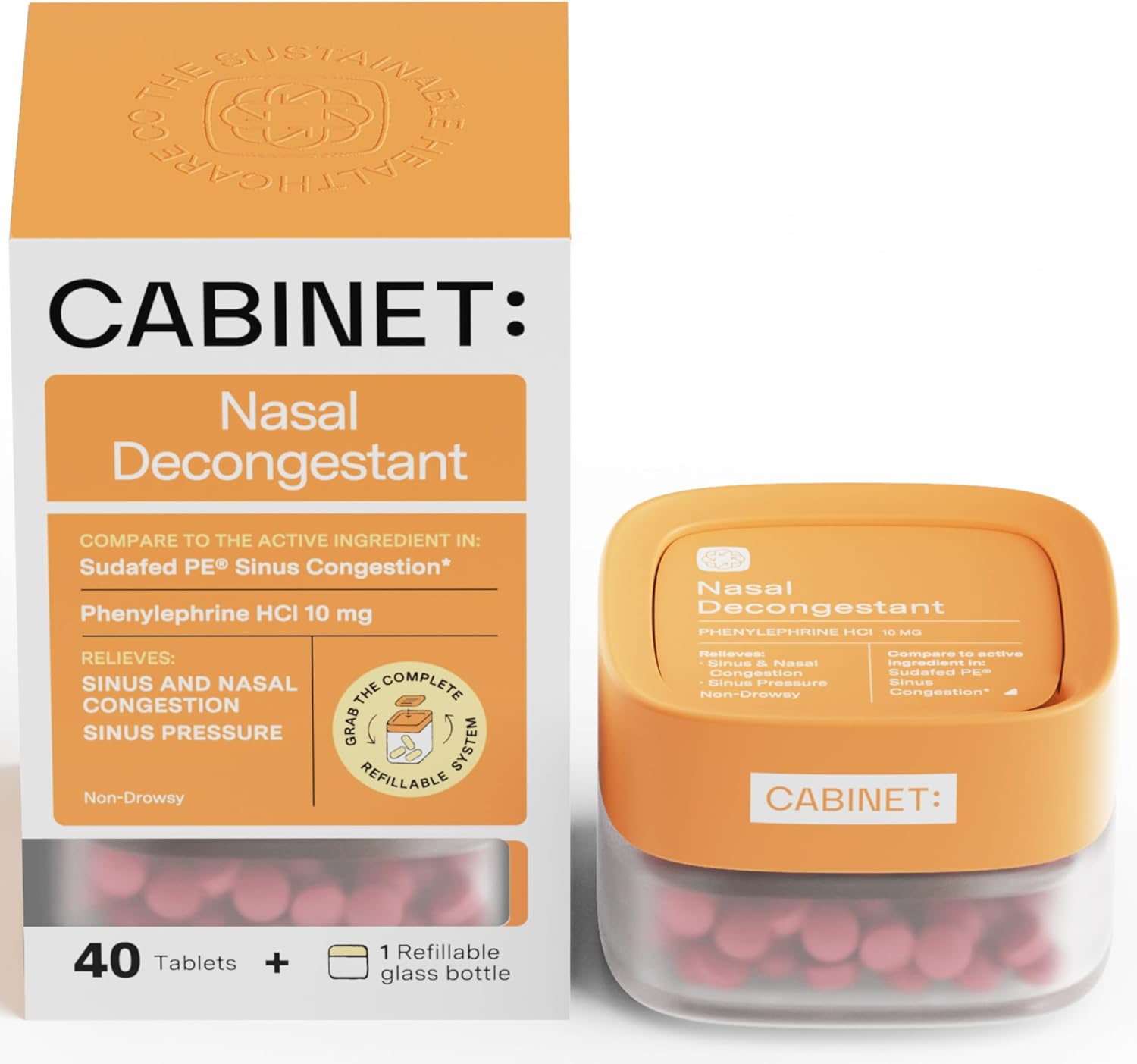 Descongestionante nasal en tarro de vidrio ecológico sin somnolencia  10 mg de fenilefrina HCl 40 tabletas (kit de inicio)