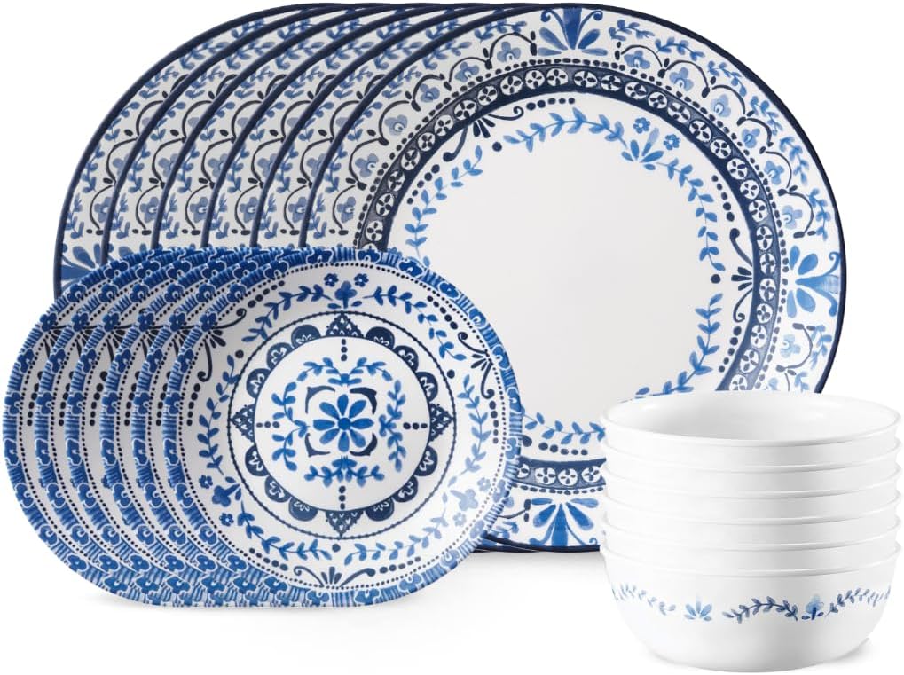 Juego de vajilla de 18 piezas de Corelle Vitrelle para 6 personas, triple capa de vidrio, resistente a las astillas, y Vitrelle de 28 onzas, cuencos