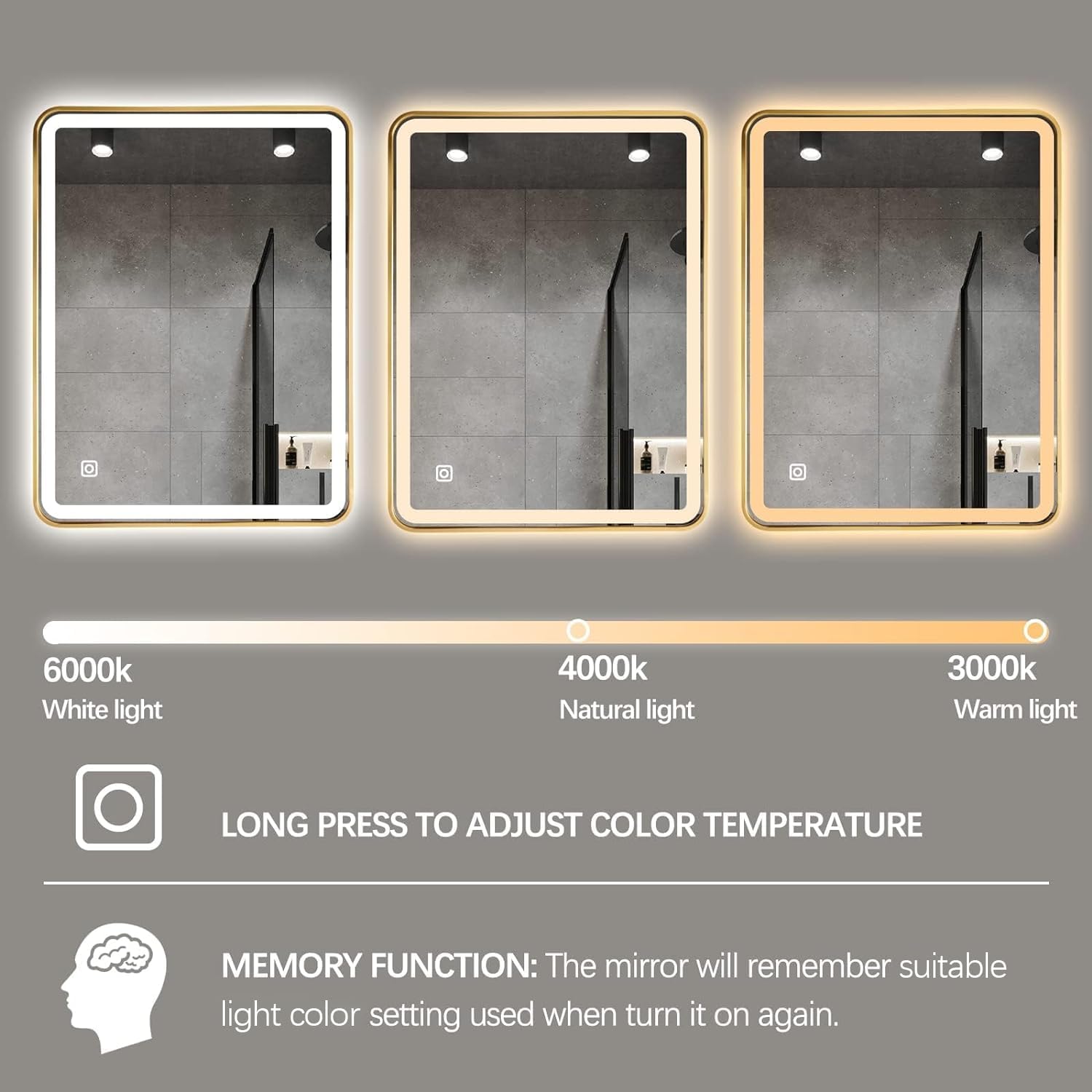 Espejo de baño LED, espejo rectangular de 36 x 28 pulgadas, espejo de pared antivaho con luz cálida  natural  blanca ajustable de 3 colores, 6000 K
