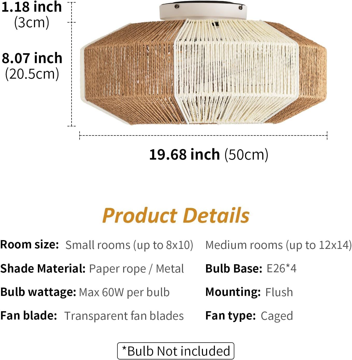 ainqiant Ventiladores de techo boho de montaje empotrado de 20 pulgadas con luces, ventilador de techo enjaulado de ratán con luz y control remoto,