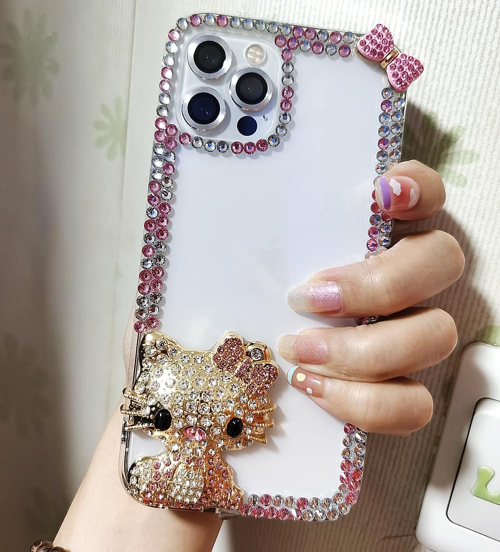 Victor – Funda de silicona para mujer con diamantes de imitación brillantes para iPhone 14, 13, 12, 11, Hello KT, carcasa de silicona (iPhone 12