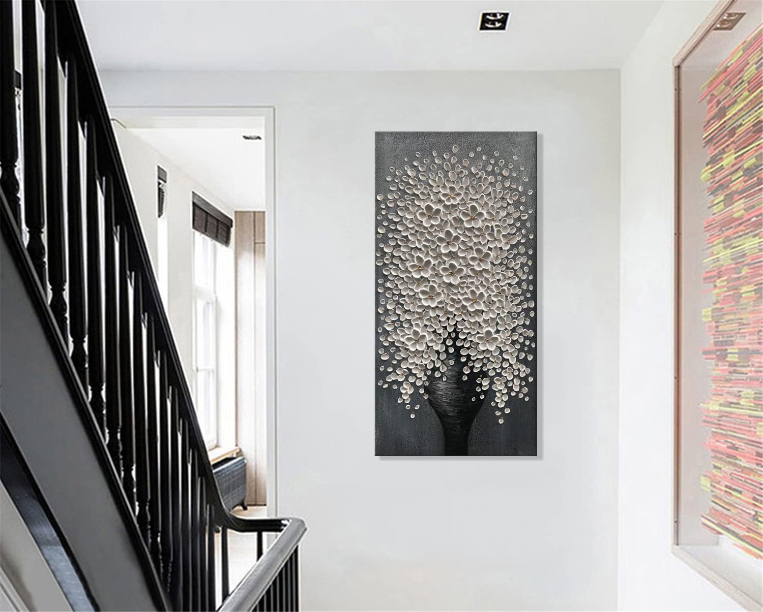 Alenoss Pinturas al óleo abstractas 100% pintadas a mano de 24 x 48 pulgadas, lienzo moderno floral blanco, arte de pared, pinturas verticales 3D,