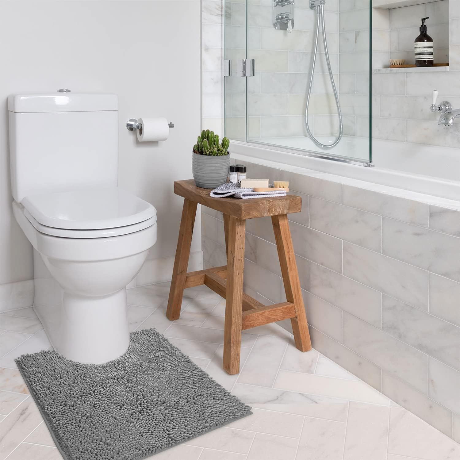 LuxUrux – Tapete de baño en forma de u, material de microfibra de felpilla extrasuave de pelo largo de 1 pulgada, muy absorbente, lavar y secar a