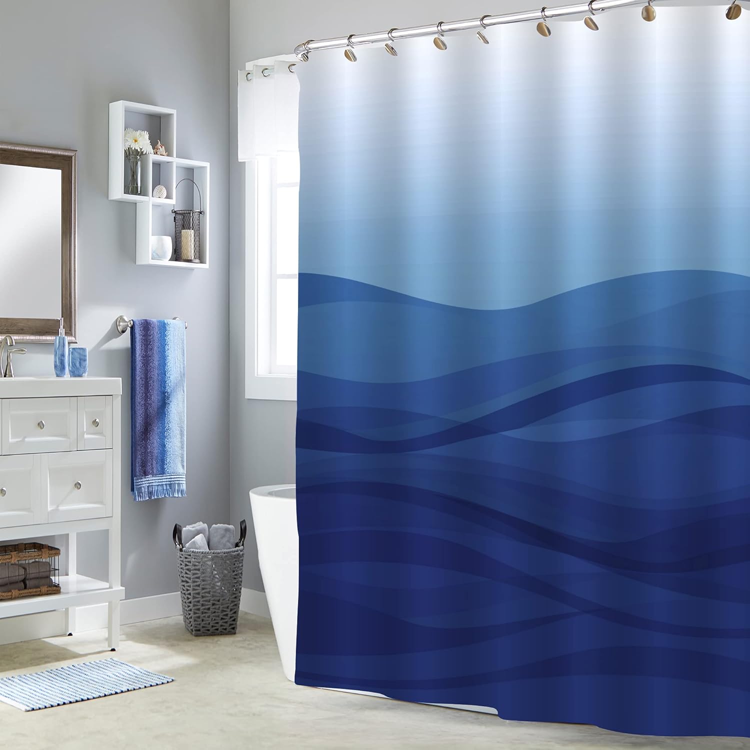 MitoVilla Juego de cortina de ducha azul marino, cortina de ducha abstracta del océano, cortina de ducha estándar a rayas azul real para decoración
