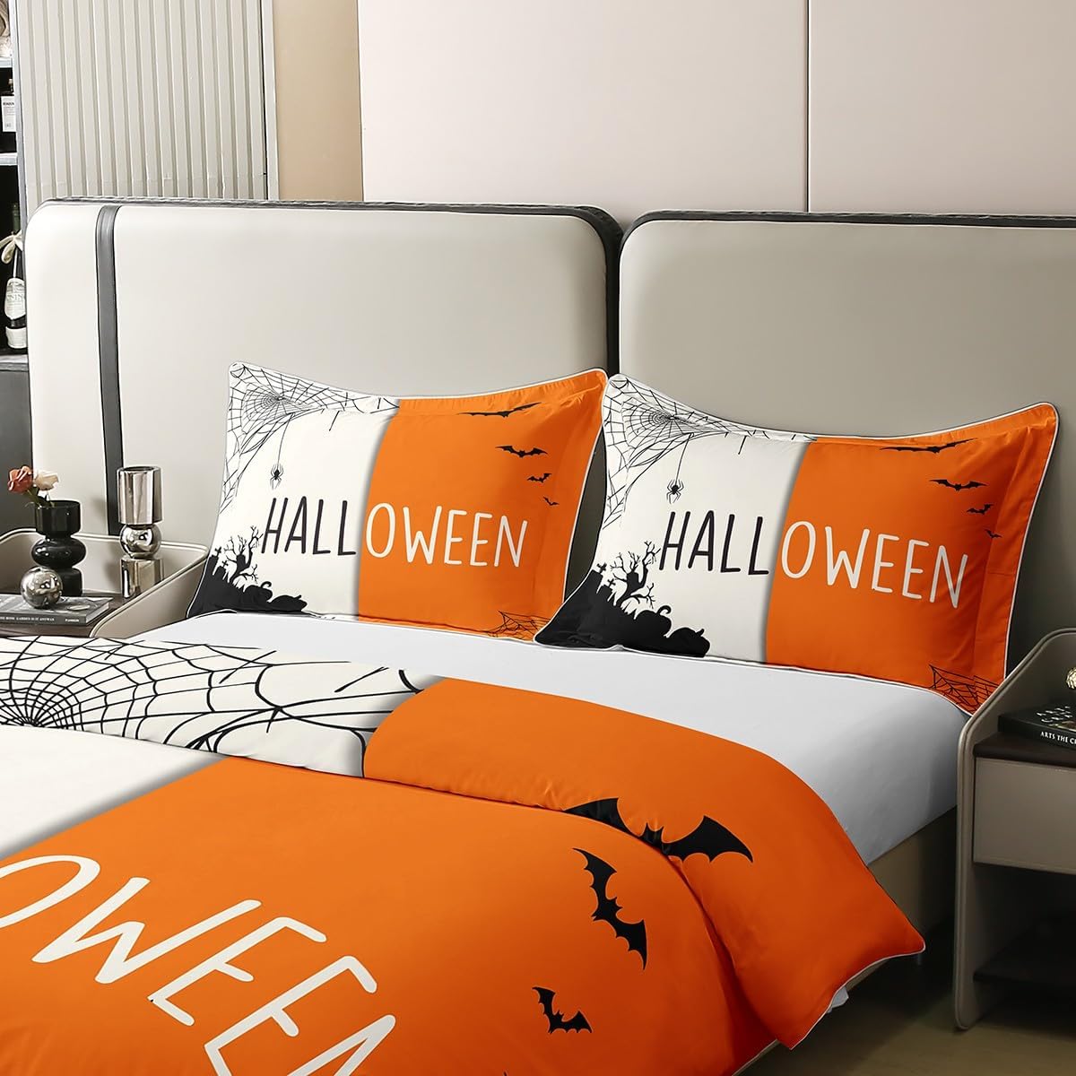 Juego de funda de edredón de Halloween 100% algodón para niños y niñas, juego de funda de edredón vintage de Halloween, tamaño Queen, juego de ropa