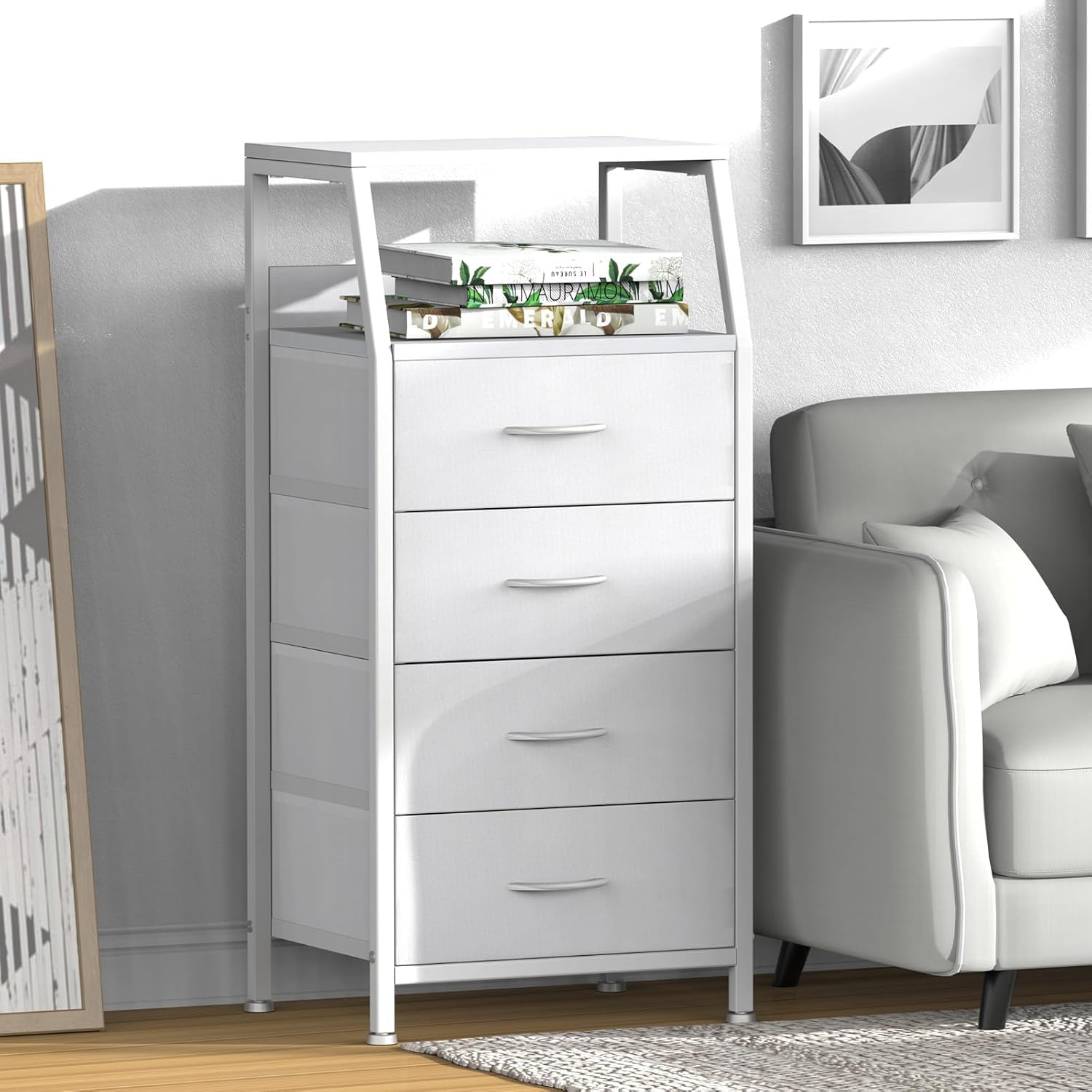 Cómoda con 4 cajones, torre de almacenamiento de tela para dormitorio, cajones de almacenamiento de ropa blanca, organizador vertical de armario