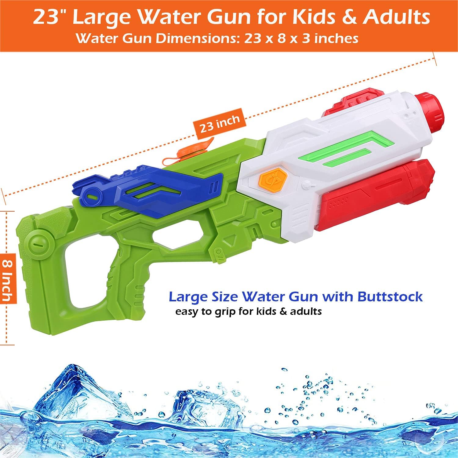Pistola de chorro de agua para adultos y niños, 23 pulgadas de agua grande con 2500 CC de alta capacidad de 50 pies de largo alcance para niños,