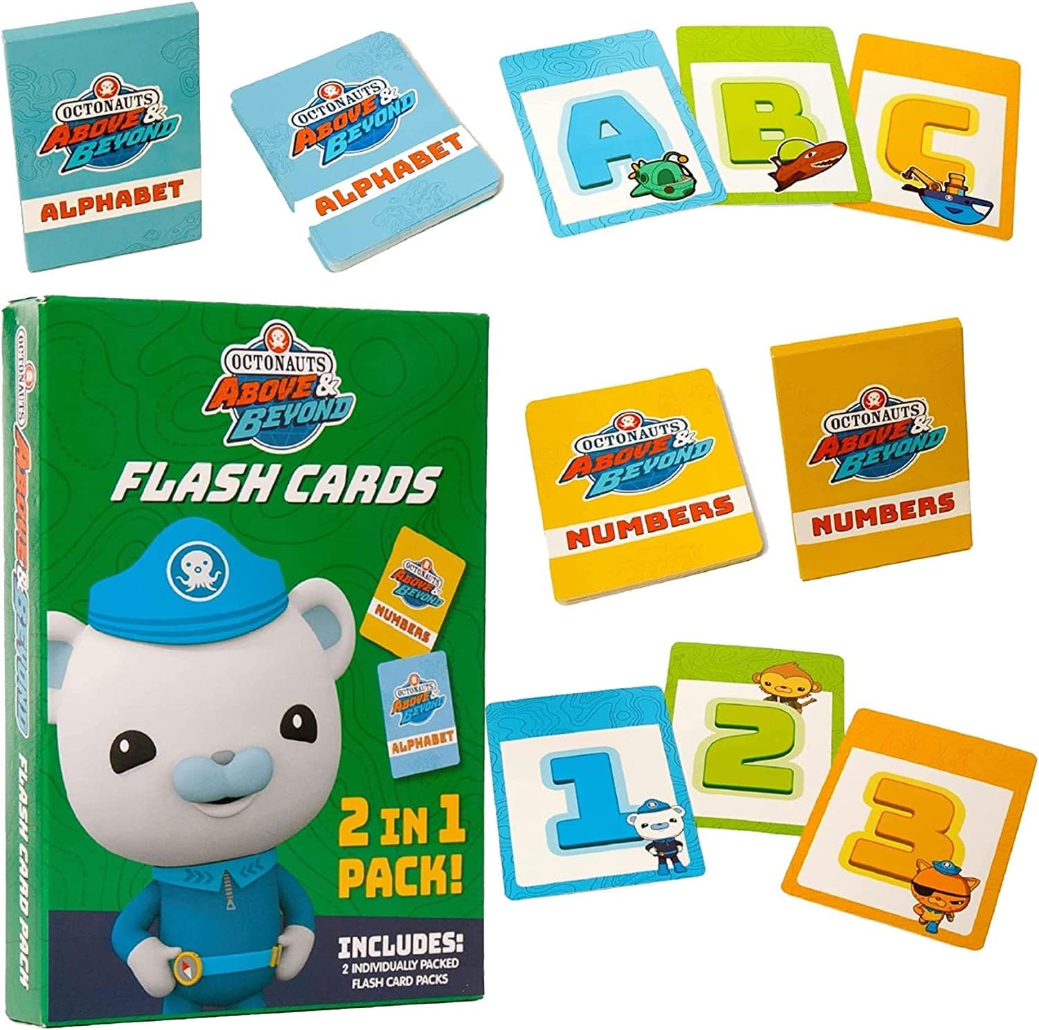 Octonauts – Juegos de cartas clásicos y tarjetas flash para niños, incluye tres juegos, letras del alfabeto y numéricas, juego de memoria, Go Fish &