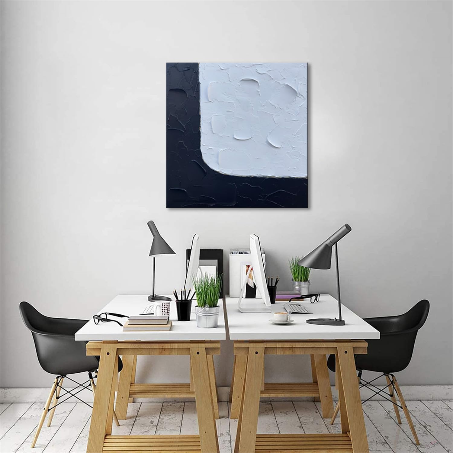 zoinart Lienzo pintado a mano en blanco y negro, arte de pared de 24 x 24 pulgadas, pinturas abstractas texturizadas, minimalista, contemporáneo,