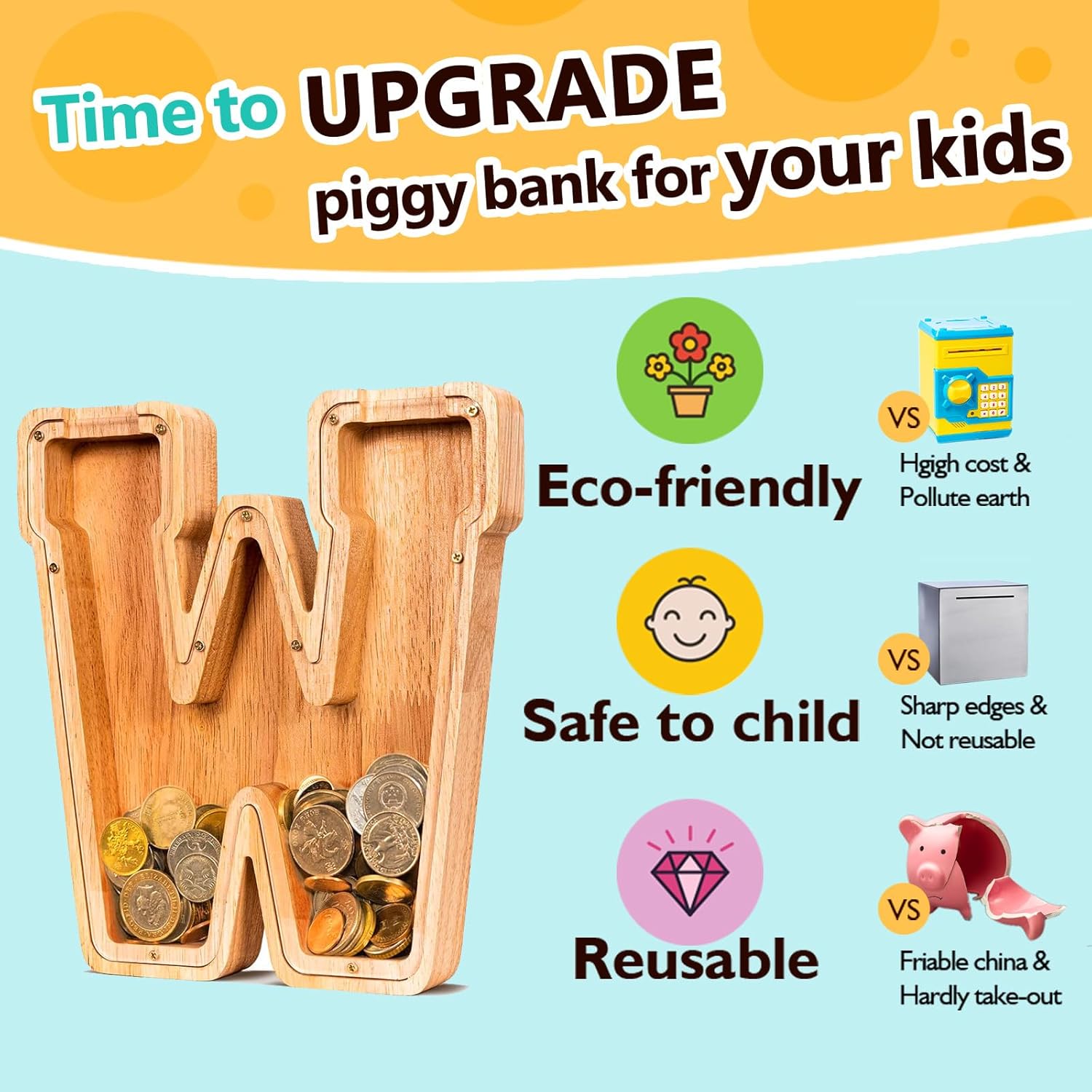 SummiDate Alcancía con letras de madera, alcancía para niños y niñas, banco de dinero del alfabeto W, regalo de cumpleaños para niños, regalo del