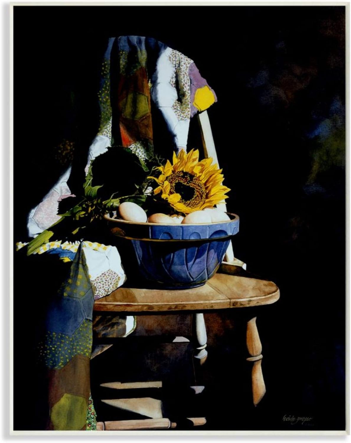 Stupell Industries Heide Presse – Placa de pared con diseño de girasol para silla de campo, pintura de naturaleza muerta oscura, 10 x 15 pulgadas