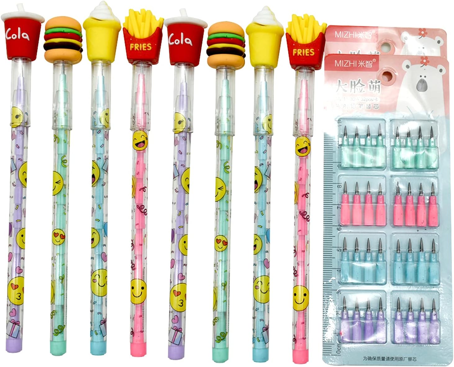 Lopenle 12 lápices de comida novedosos sin afilar, lápices apilables, papas fritas, hamburguesas, helado, lápices de cola con 64 puntas para