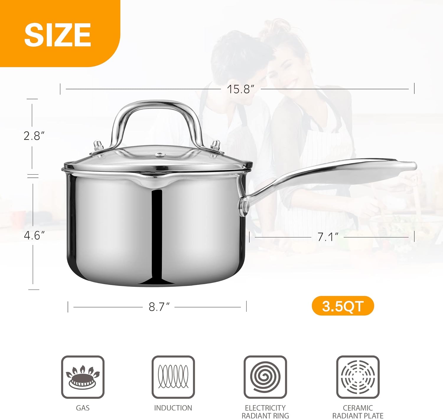 Cacerola de acero inoxidable de 3.5 cuartos de galón con tapa de colador, sartén para salsa para estufa, dos boquillas laterales para verter